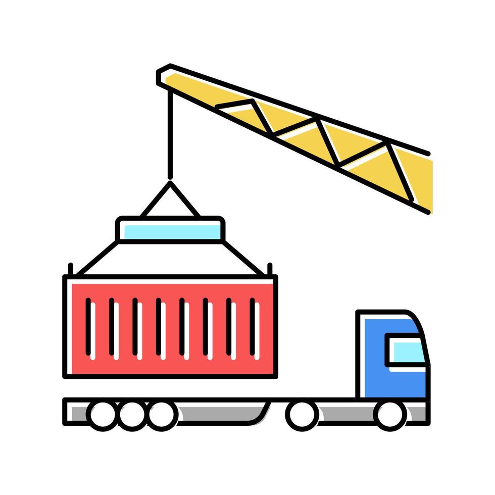crane loading container on truck in port color icon vector illustration