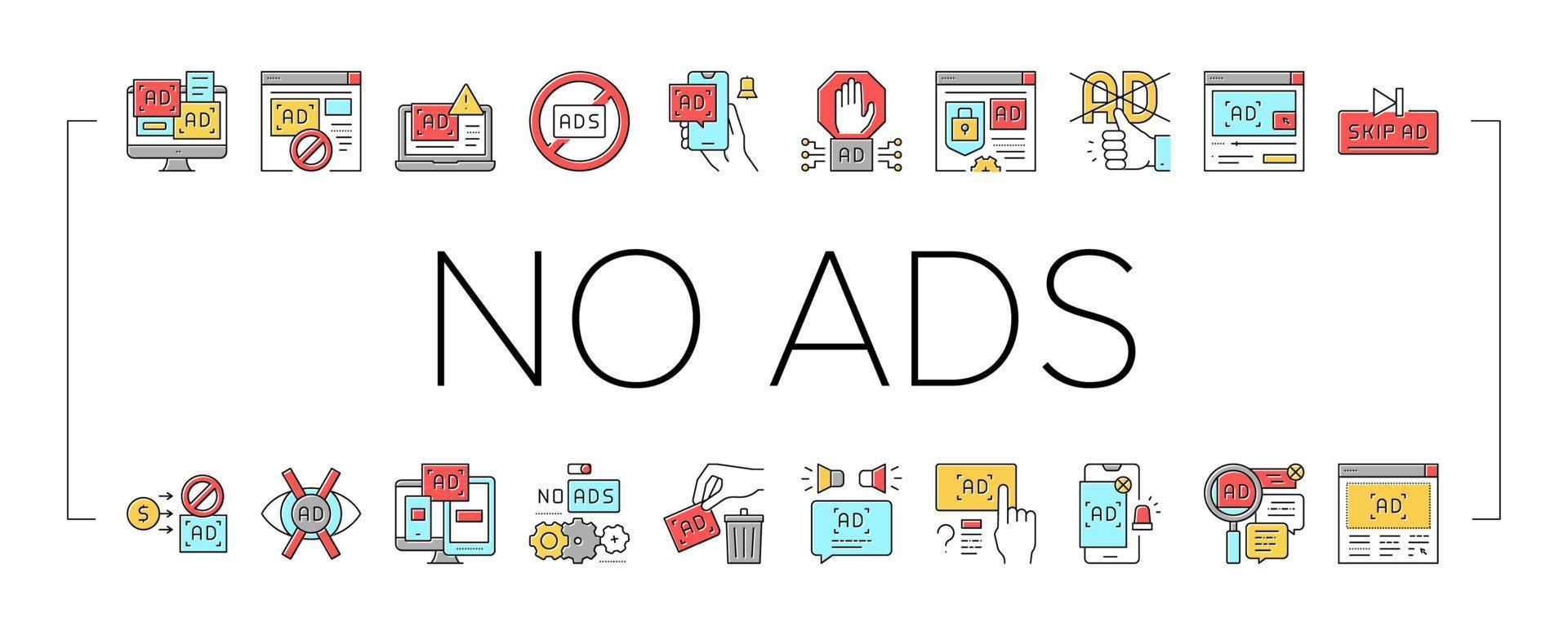 no hay anuncios publicidad iconos de colección gratis establecer vector