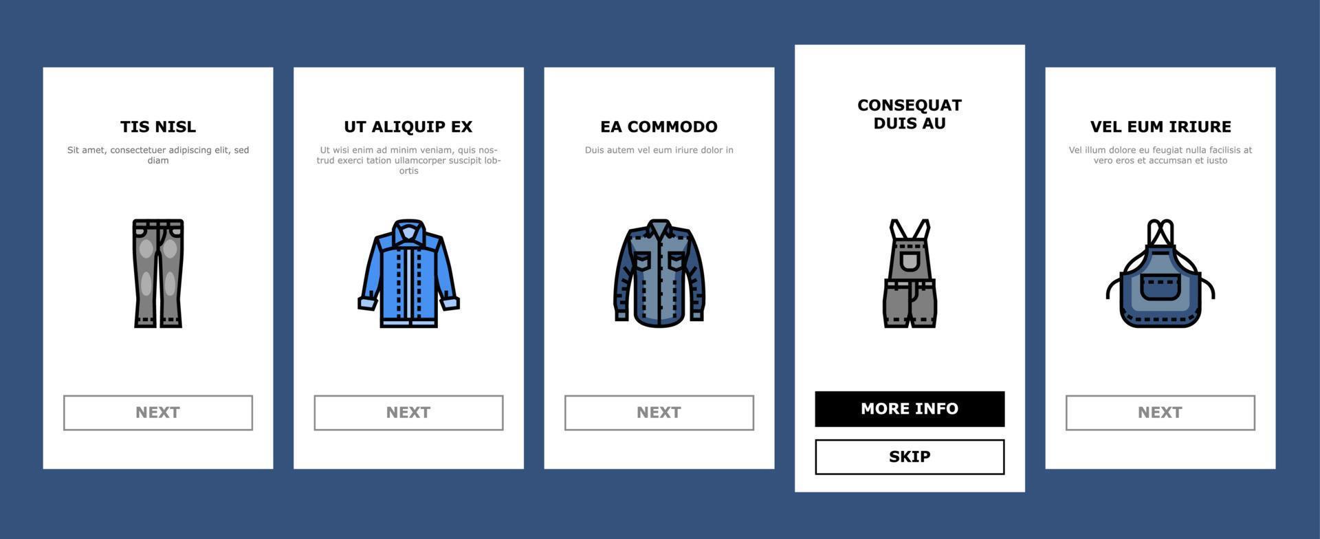 denim textile material fashion onboarding icons set vector