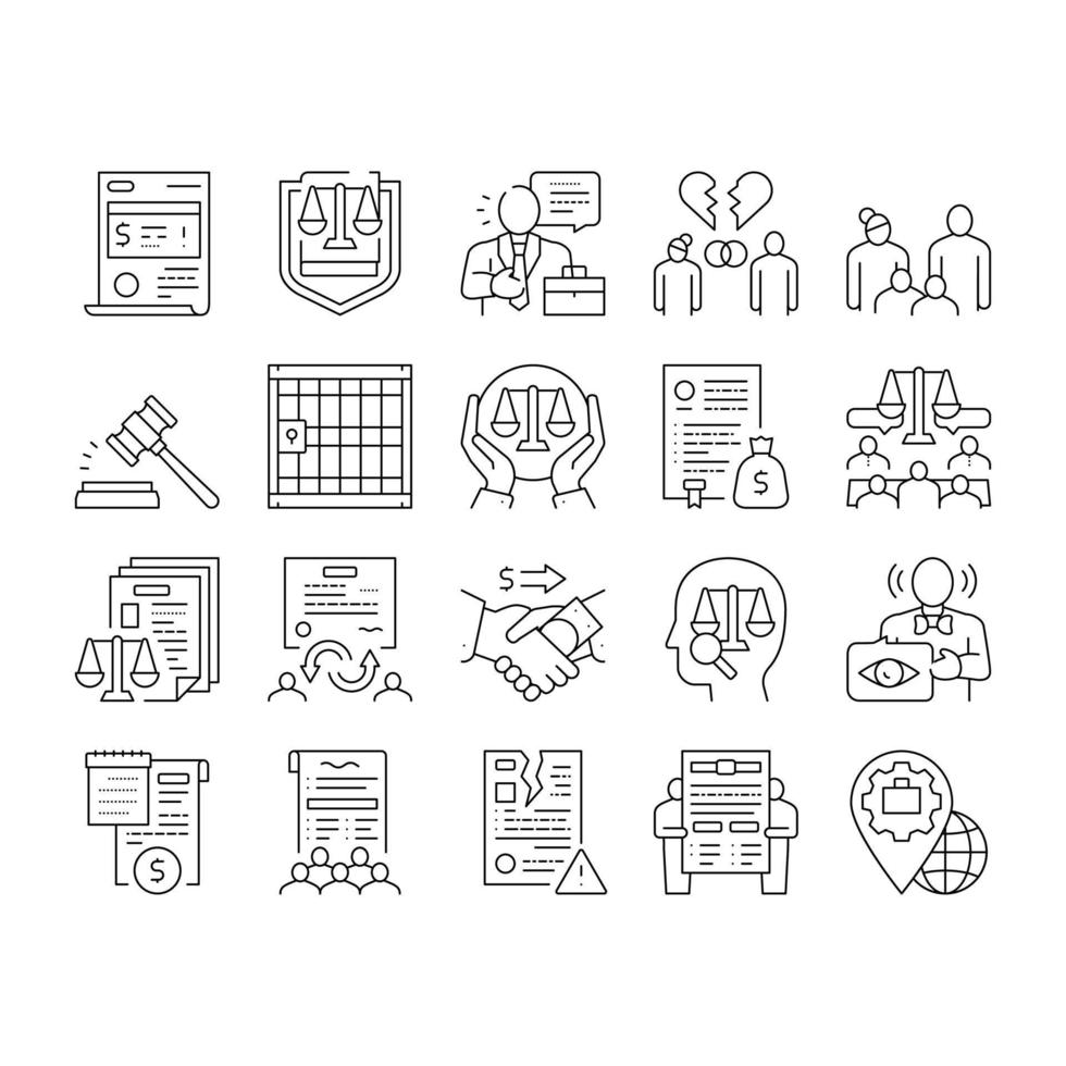 conjunto de iconos de colección de diccionario de justicia de ley vector