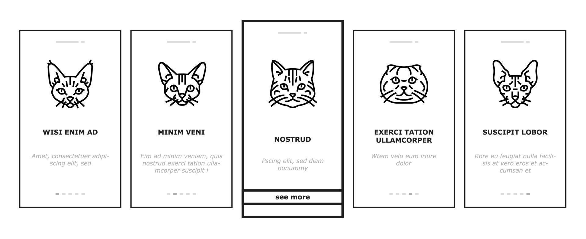 gato lindo mascota animal gatito divertido onboarding iconos conjunto vector