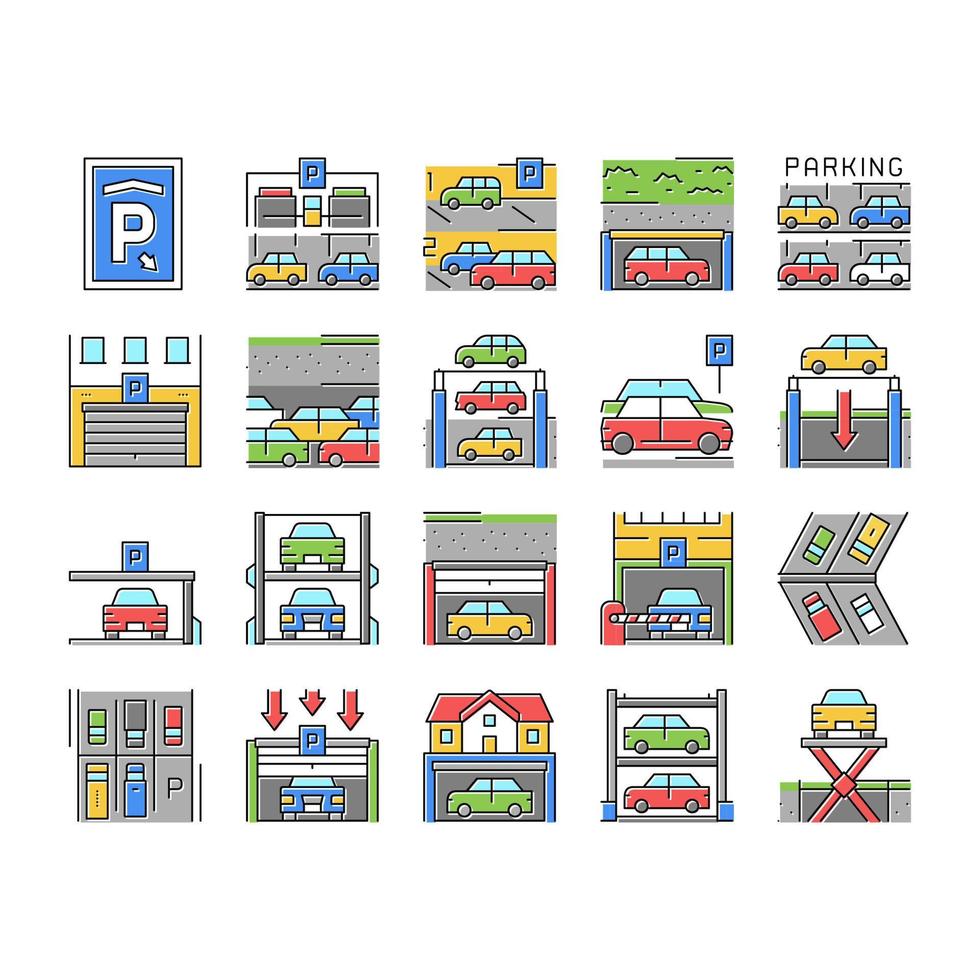 Underground Parking Collection Icons Set Vector