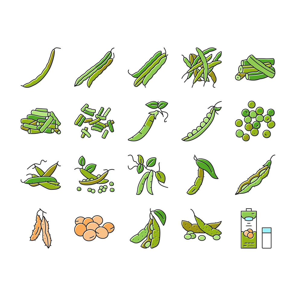 vector de conjunto de iconos verdes de guisante de alimentos de soja