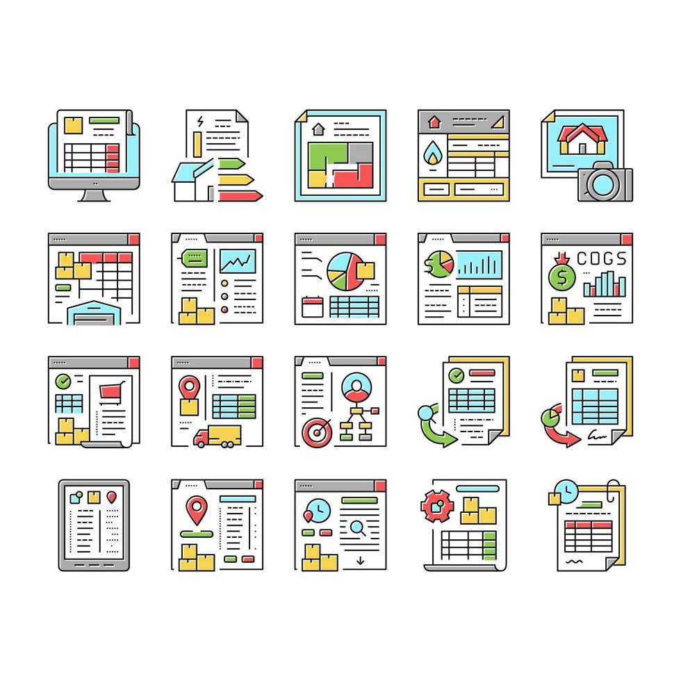 análisis de inventario e iconos de informes establecer vector