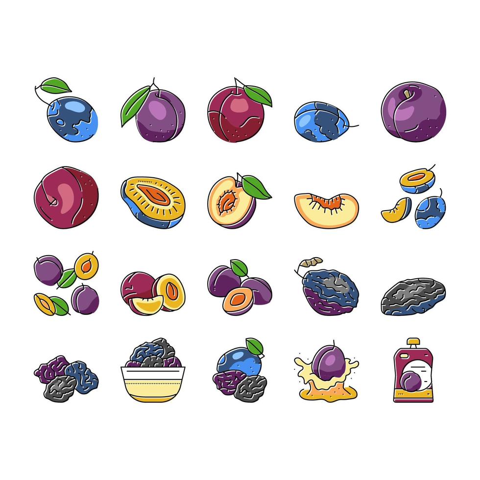 plum fruit green red prune icons set vector