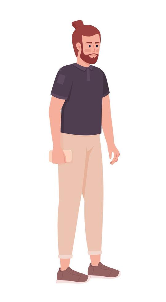 Bearded man in casual clothes with smartphone semi flat color vector character. Editable figure. Full body person on white. Simple cartoon style illustration for web graphic design and animation