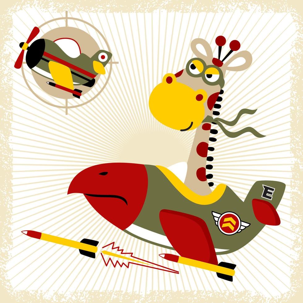 caricatura vectorial de jirafa en avión de combate vector