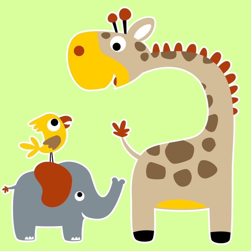 caricatura vectorial de jirafa, elefante y pájaro vector