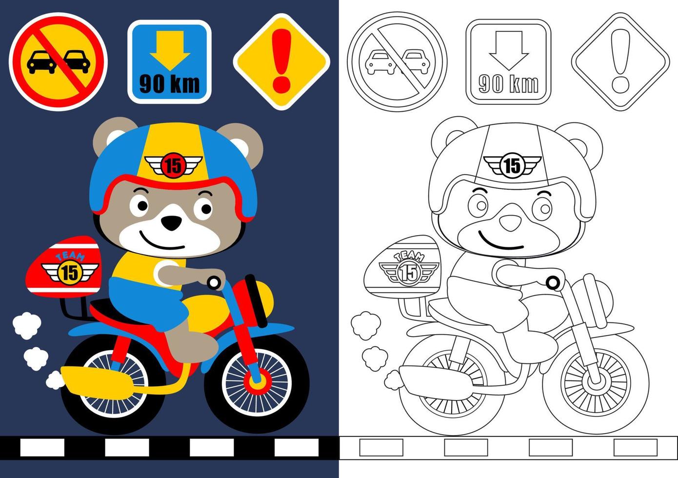 libro o página para colorear, lindo oso en motocicleta con señal de carretera, ilustración de dibujos animados vectoriales vector