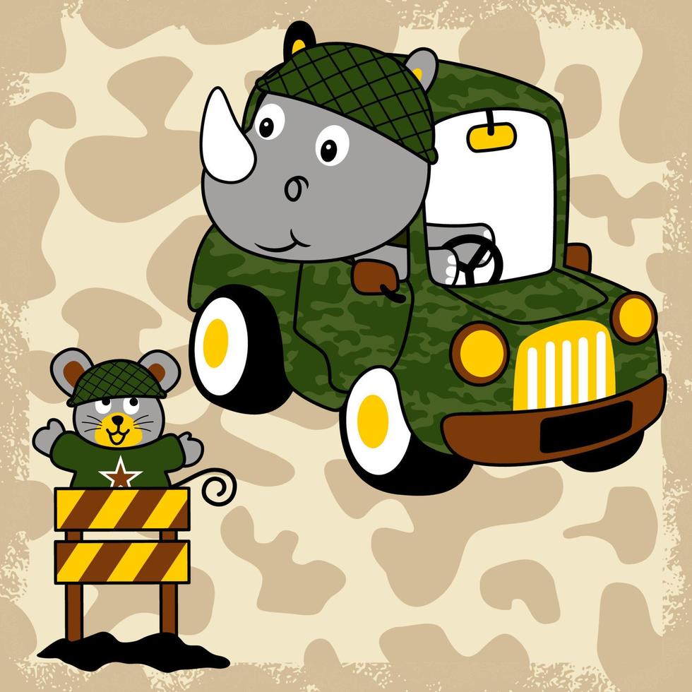 caricatura vectorial de rinoceronte conduciendo un vehículo militar con un pequeño ratón en una barrera militar vector