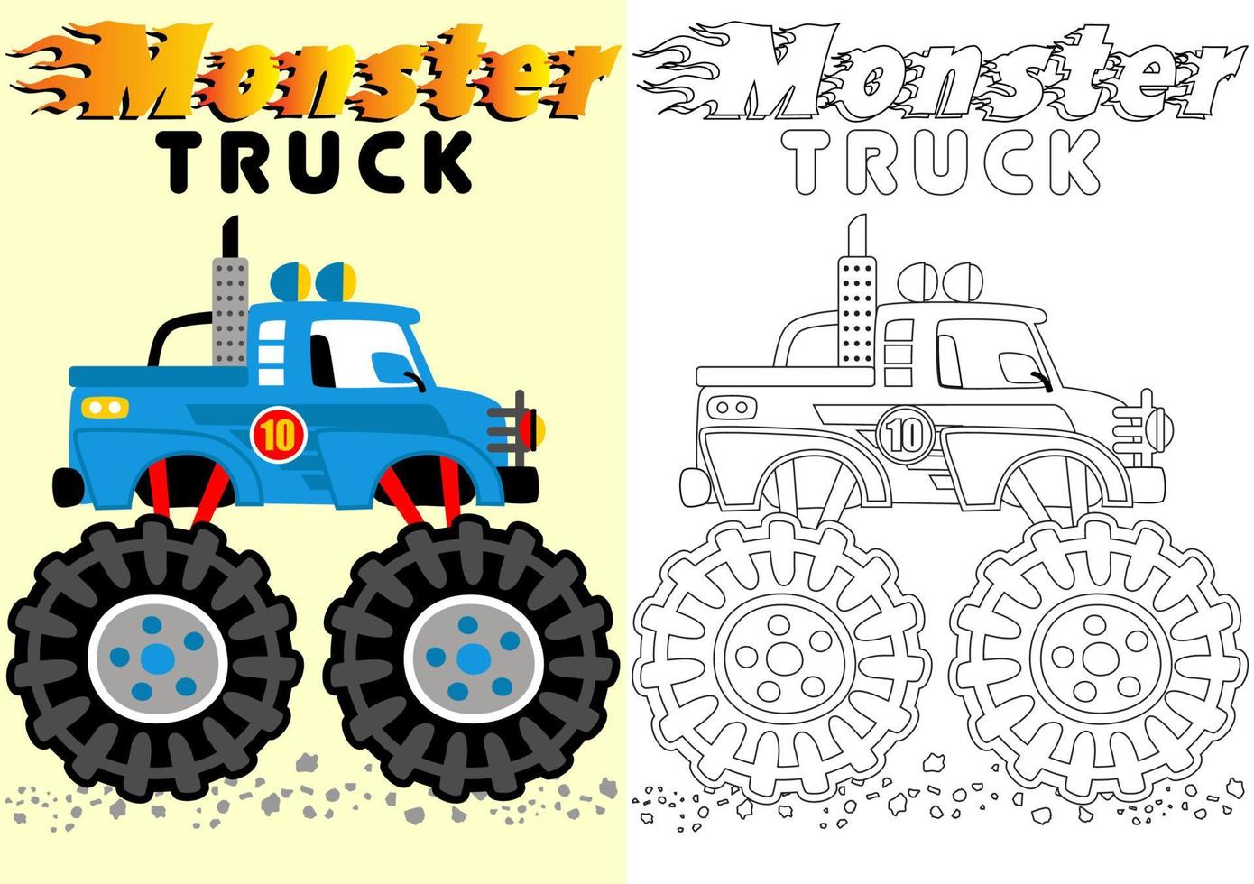 vector cartoon of monster truck, coloring book or page