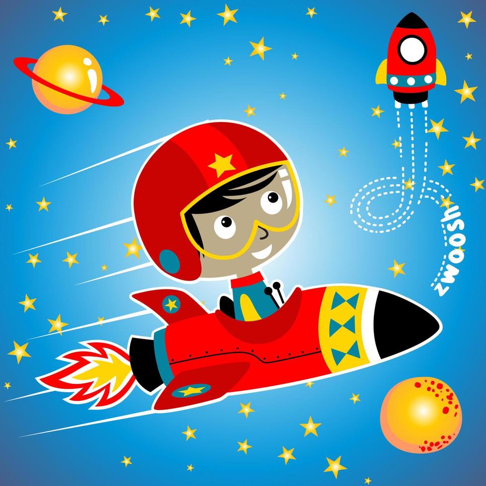 vector cartoon of little boy ride on rocket going to space, space elements illustration