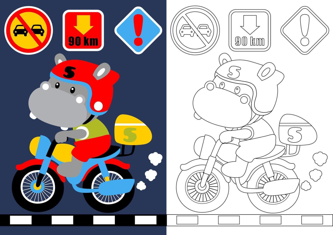 caricatura vectorial de hipopótamo montando motocicleta con señales de tráfico, libro para colorear o página vector