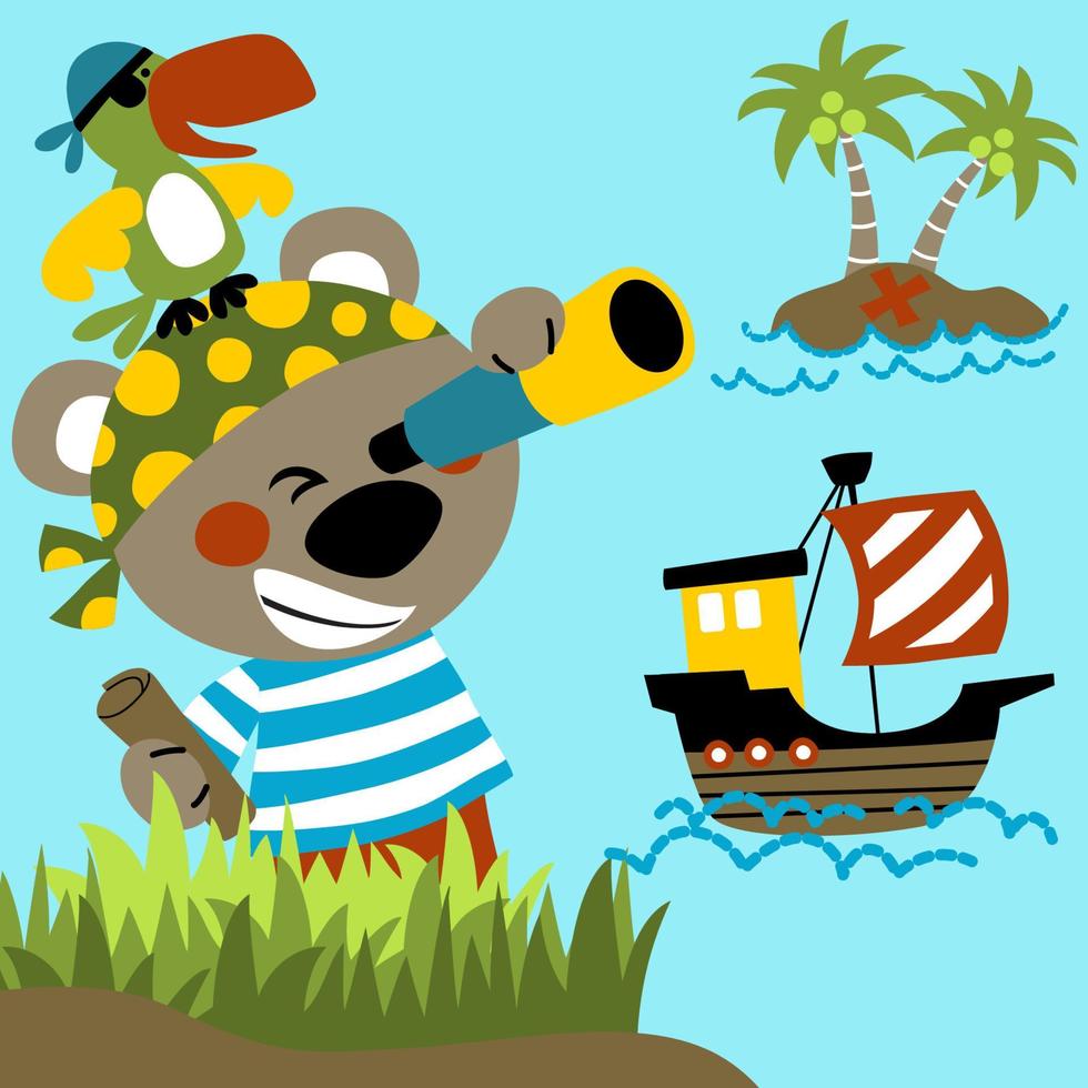 Vector cartoon of cute bear in pirate costume with parrot, sailboat in the sea. Pirate element illustration