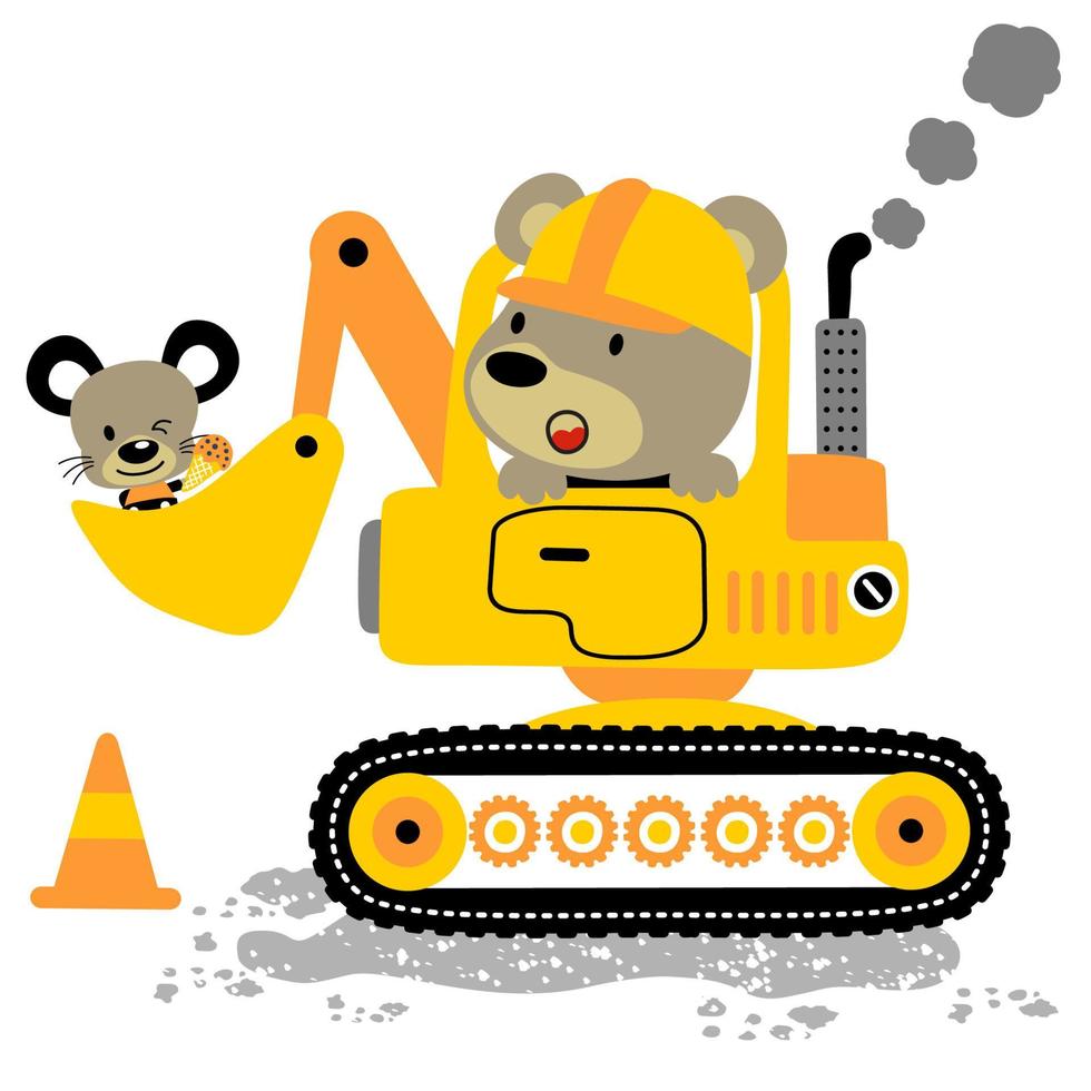 lindo oso con ratoncito en vehículo de construcción, ilustraciones de dibujos animados vectoriales vector