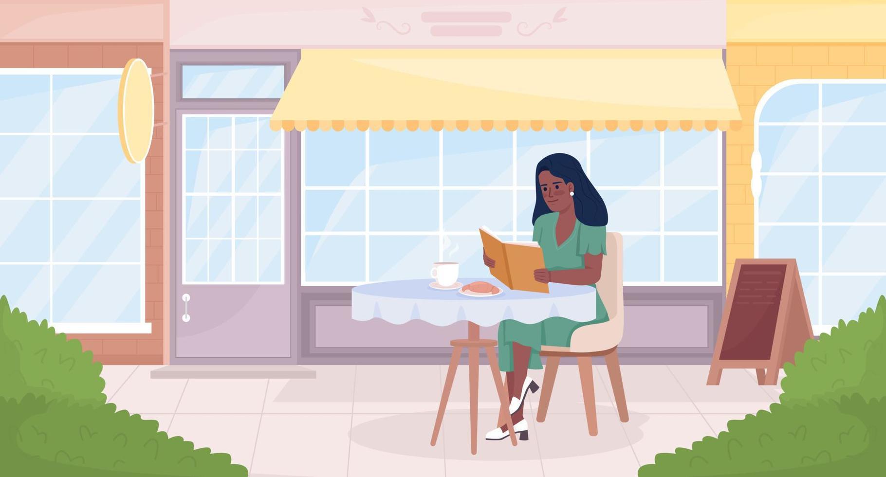 disfrutando del libro solo sentado en la terraza del café ilustración de vector de color plano. mujer bonita con libro y café. personaje de dibujos animados simple 2d completamente editable con edificios exteriores en el fondo