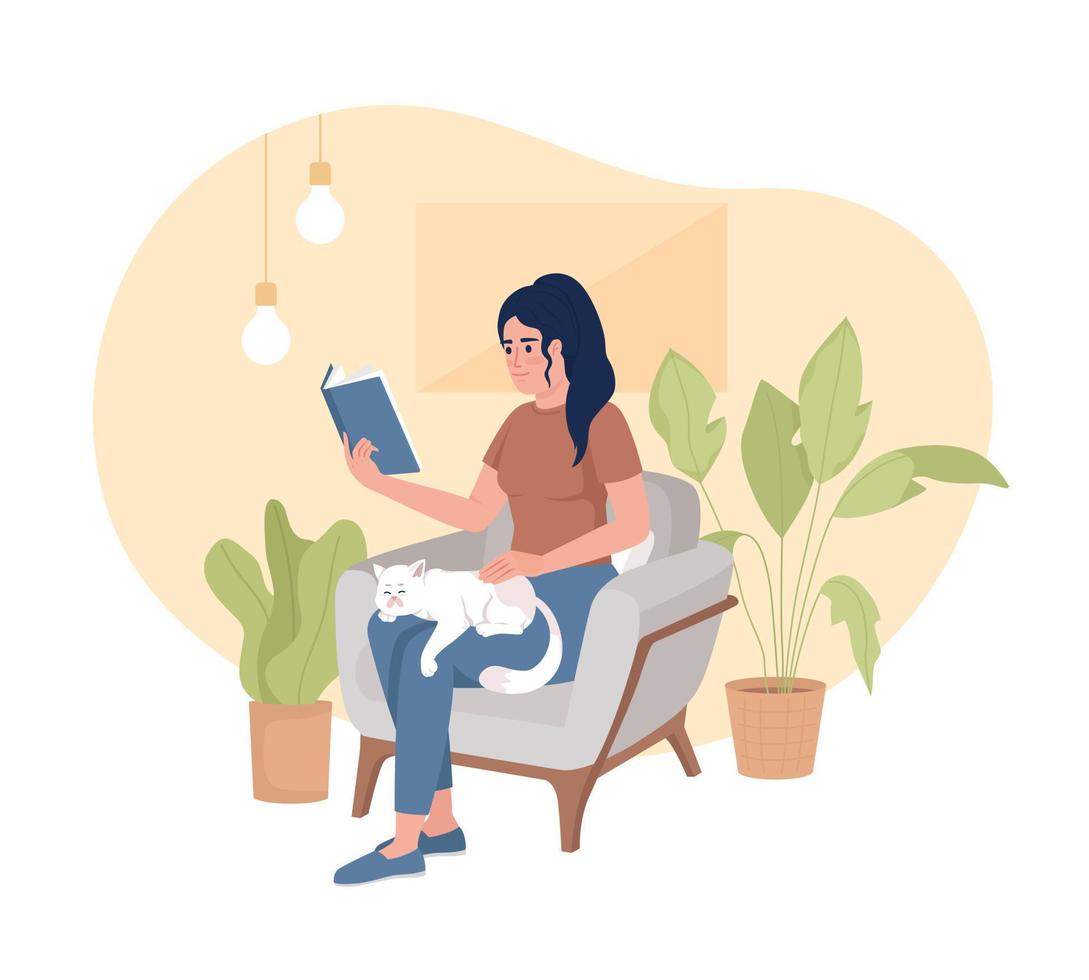 Perfect weekend for introvert 2D vector isolated illustration. Woman reading book with cat on lap flat character on cartoon background. Colorful editable scene for mobile, website, presentation