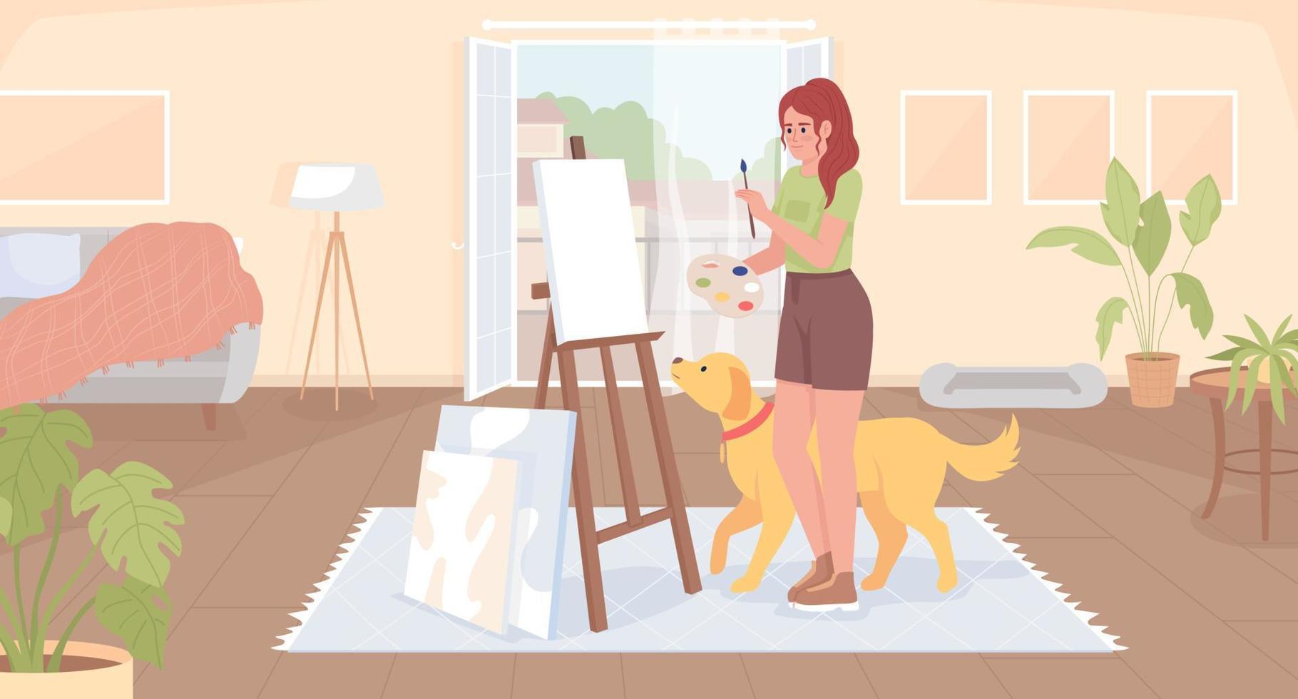 hacer arte en casa ilustración de vector de color plano. chica inspirada con pintura golden retriever en caballete. personaje de dibujos animados simple 2d completamente editable con balcón e interior de la sala de estar en el fondo