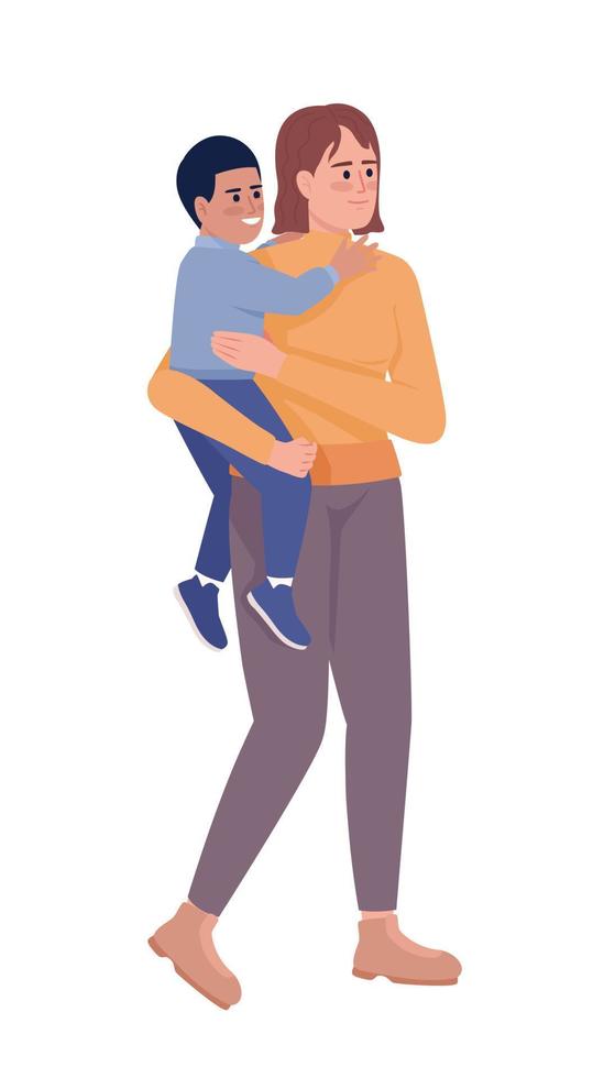 Smiling mother holding boy kid in arms semi flat color vector characters. Editable figures. Full body people on white. Simple cartoon style illustration for web graphic design and animation