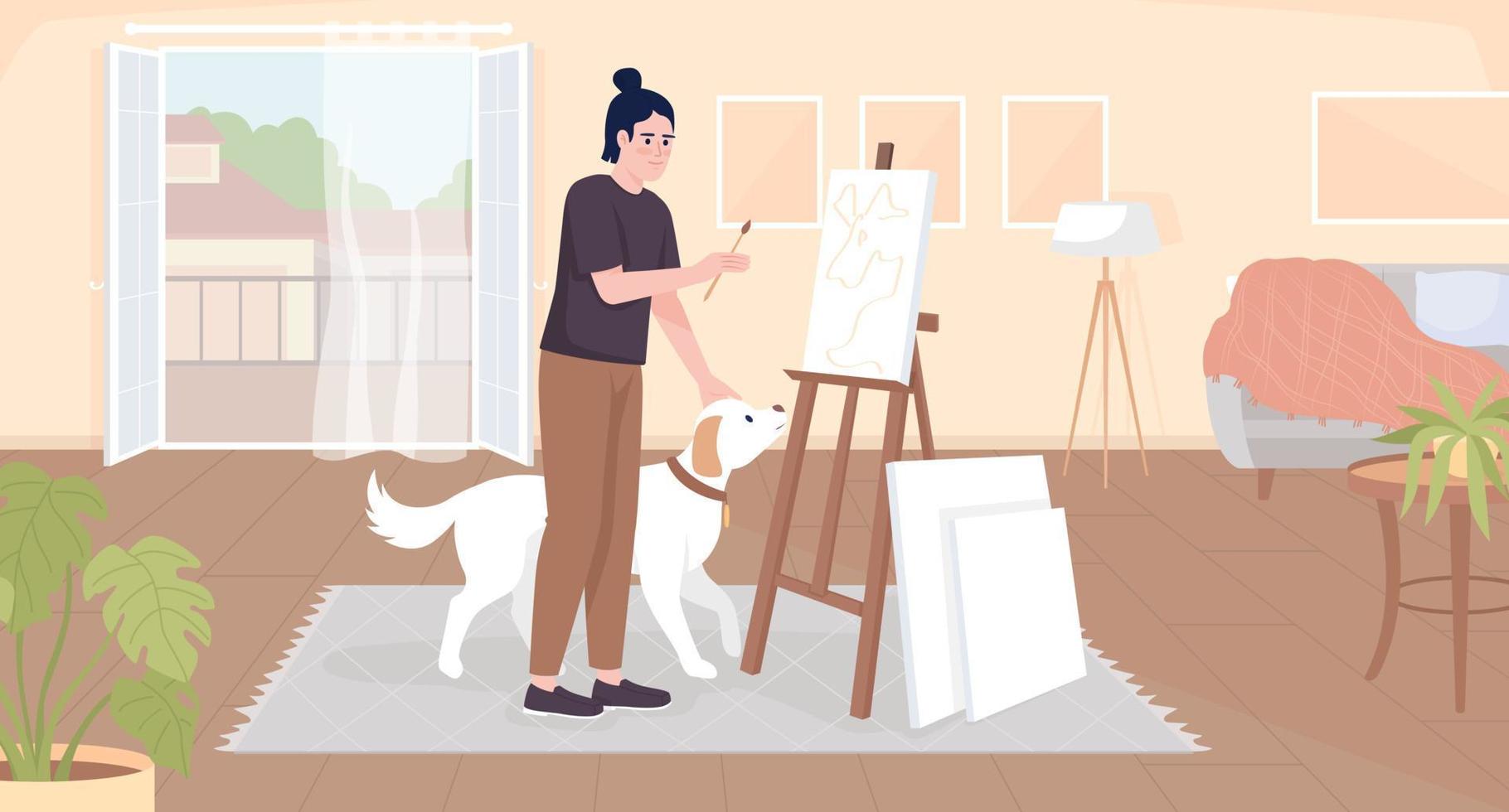 creando obras de arte en casa ilustración vectorial de color plano. chico feliz acariciando a un perro y pintando sobre lienzo. personaje de dibujos animados simple 2d completamente editable con balcón e interior de la sala de estar en el fondo vector