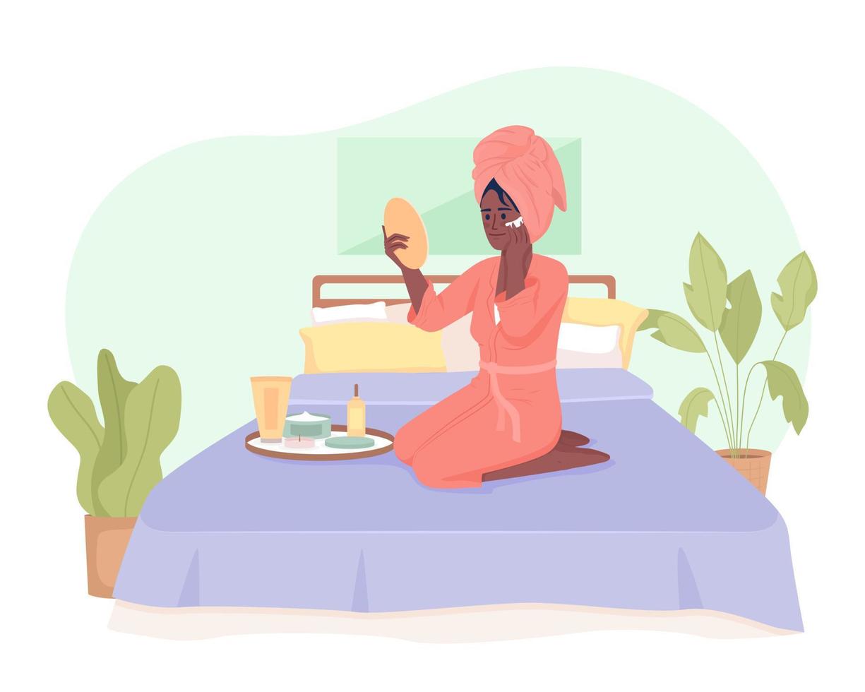 Relaxing spa day at home 2D vector isolated illustration. Young woman applying moisturizer flat character on cartoon background. Colorful editable scene for mobile, website, presentation