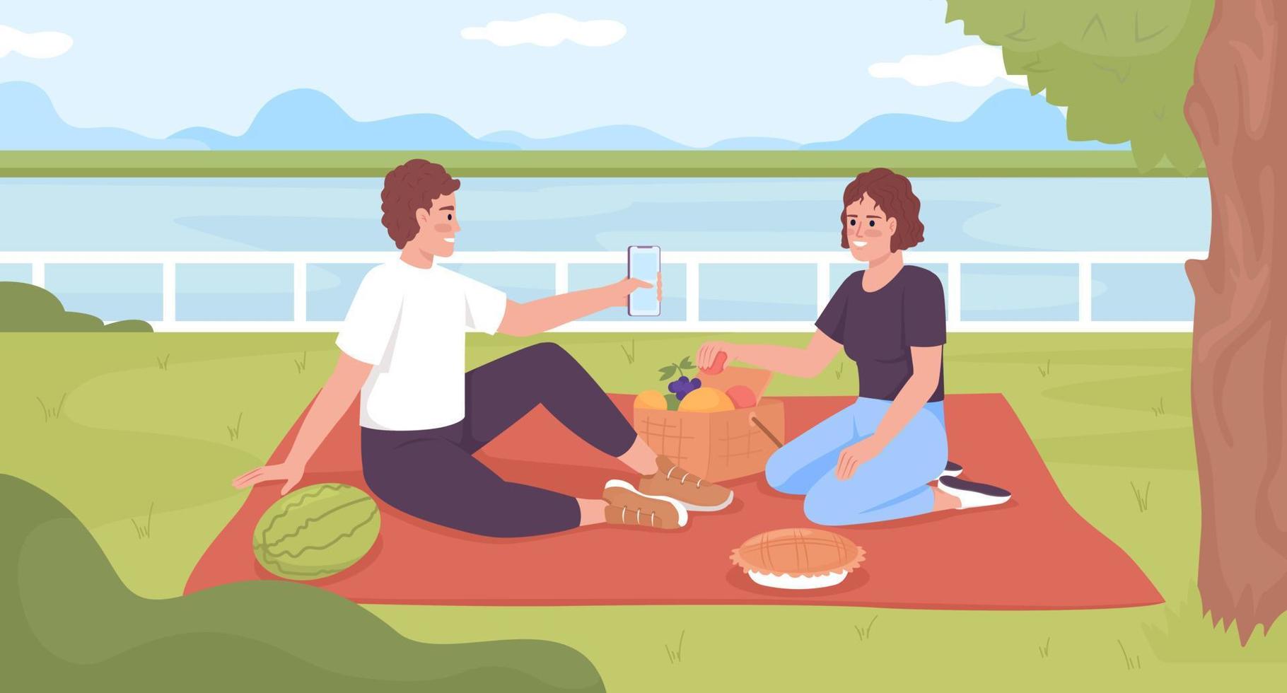 Spending time together outdoors flat color vector illustration. Couple enjoying romantic picnic date. Fully editable 2D simple cartoon characters with lake and park landscape on background