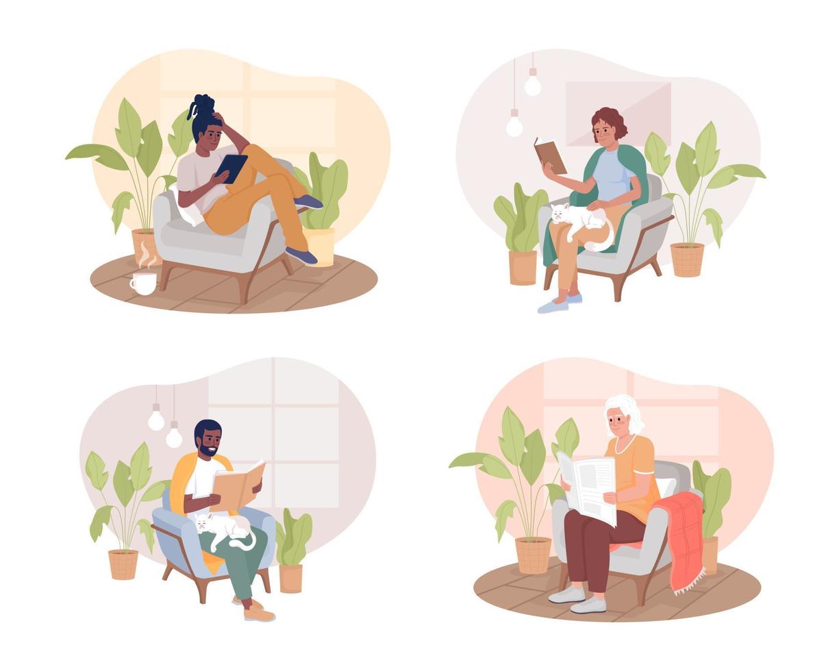 Reading in armchair with houseplants around 2D vector isolated illustrations set. Comfortable flat characters on cartoon background. Colorful editable scene pack for mobile, website, presentation