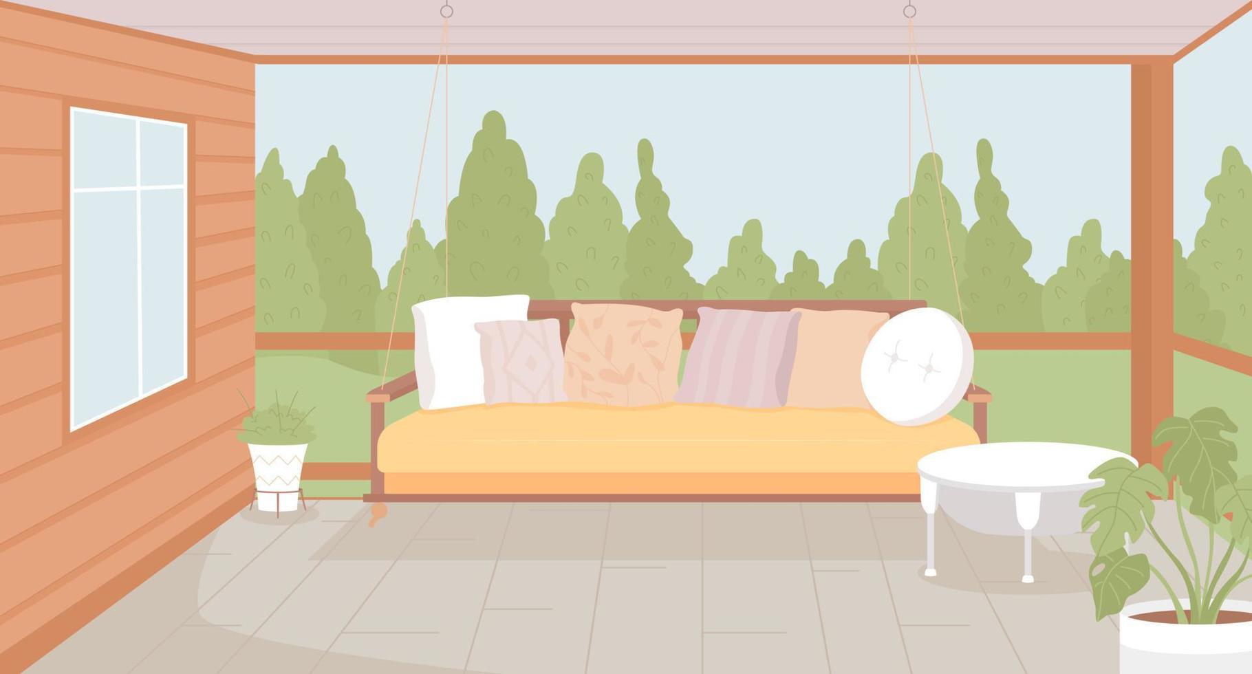 acogedora terraza con muebles de color plano ilustración vectorial. columpio de jardín colgante. alquiler de vacaciones decoración cómoda del patio trasero. paisaje de dibujos animados simple 2d completamente editable con árboles verdes en el fondo vector