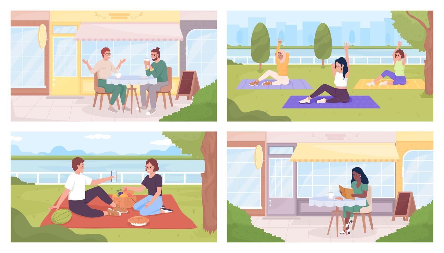 Spending time in fresh air flat color vector illustration set. Yoga in group. Resting in cafe. Fully editable 2D simple cartoon characters collection with park landscape and cityscape on background