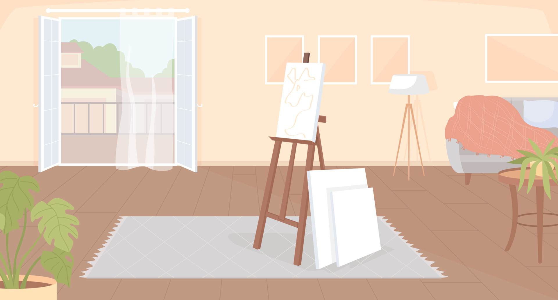 Cozy place at home for painting on easel flat color vector illustration