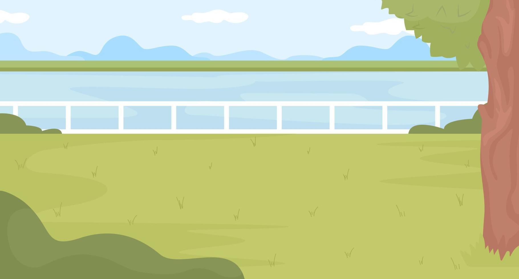 lugar perfecto para un picnic en la ilustración de vector de color plano del parque. lugar acogedor cerca del lago. espacio de recreación con paisaje junto al agua. paisaje de dibujos animados simple 2d completamente editable con río en el fondo