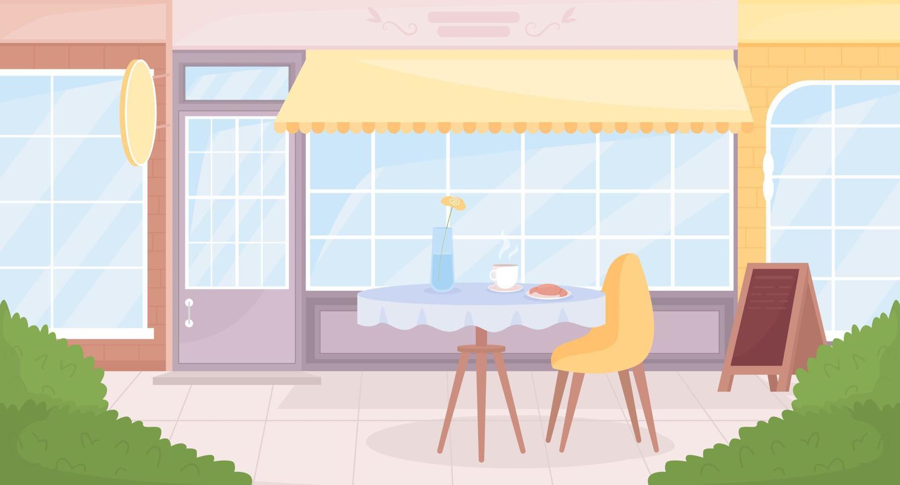 Ilustración de vector de color plano de asientos al aire libre de café. disfrutando de la bebida y la comida al aire libre. acogedora opción de comedor. desayuno. paisaje urbano de dibujos animados simple 2d completamente editable con edificios exteriores en el fondo