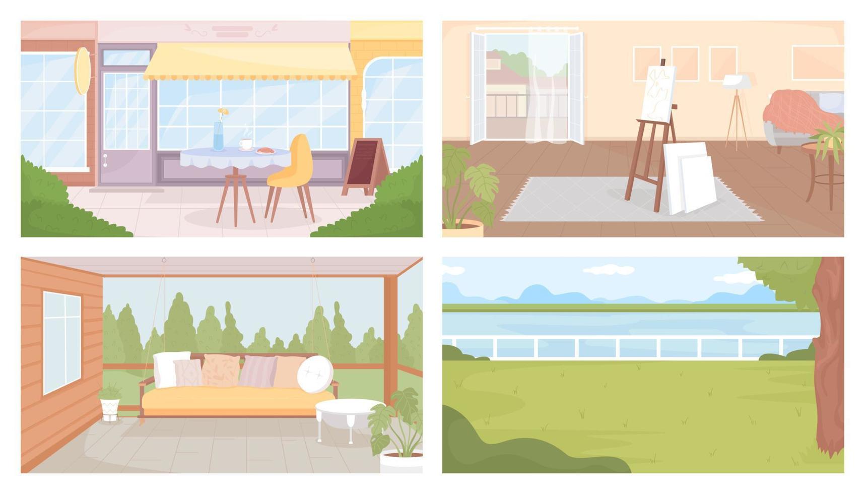 lugares acogedores para pasar el rato paquete de ilustraciones de vectores de color plano. lugares relajantes. interior de dibujos animados simples 2d completamente editable, paisaje, paisaje urbano con sala de estar, exterior de café y parque en el fondo