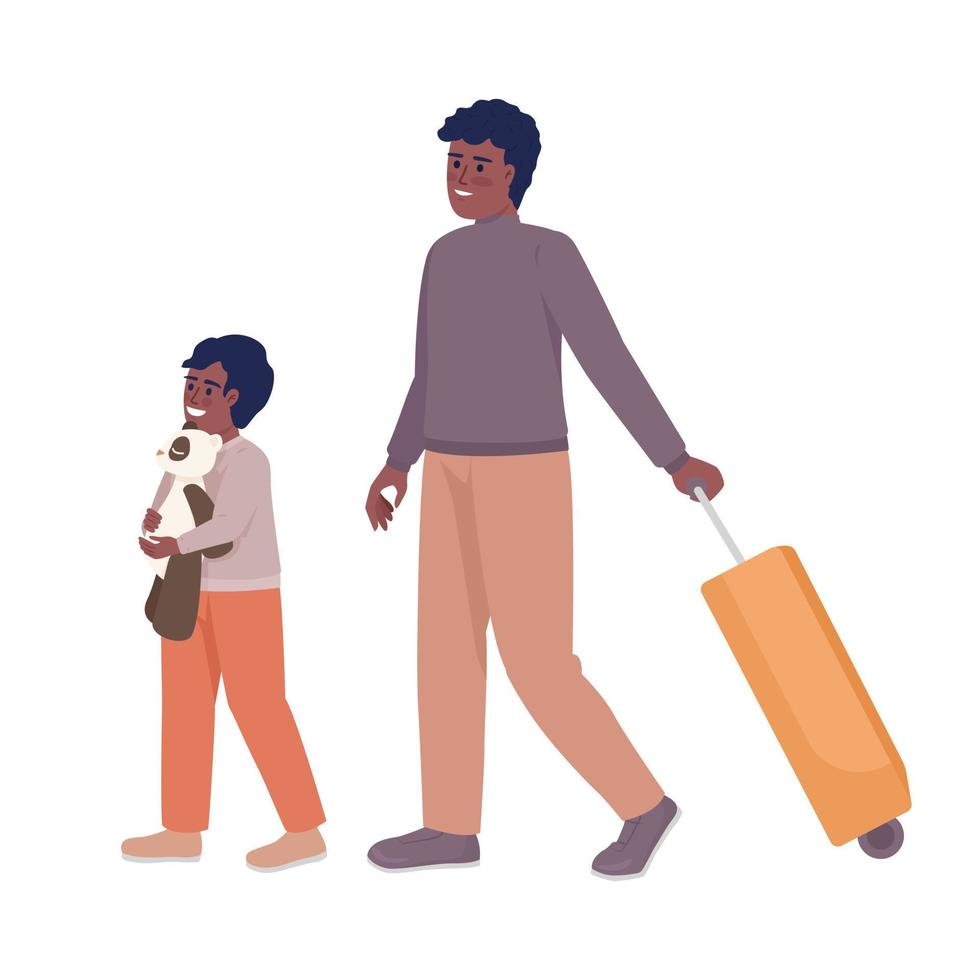 niño pequeño y padre con valija yendo en avión personajes vectoriales de color semiplano. figuras editables. personas de cuerpo completo en blanco. ilustración de estilo de dibujos animados simple para diseño gráfico web y animación vector