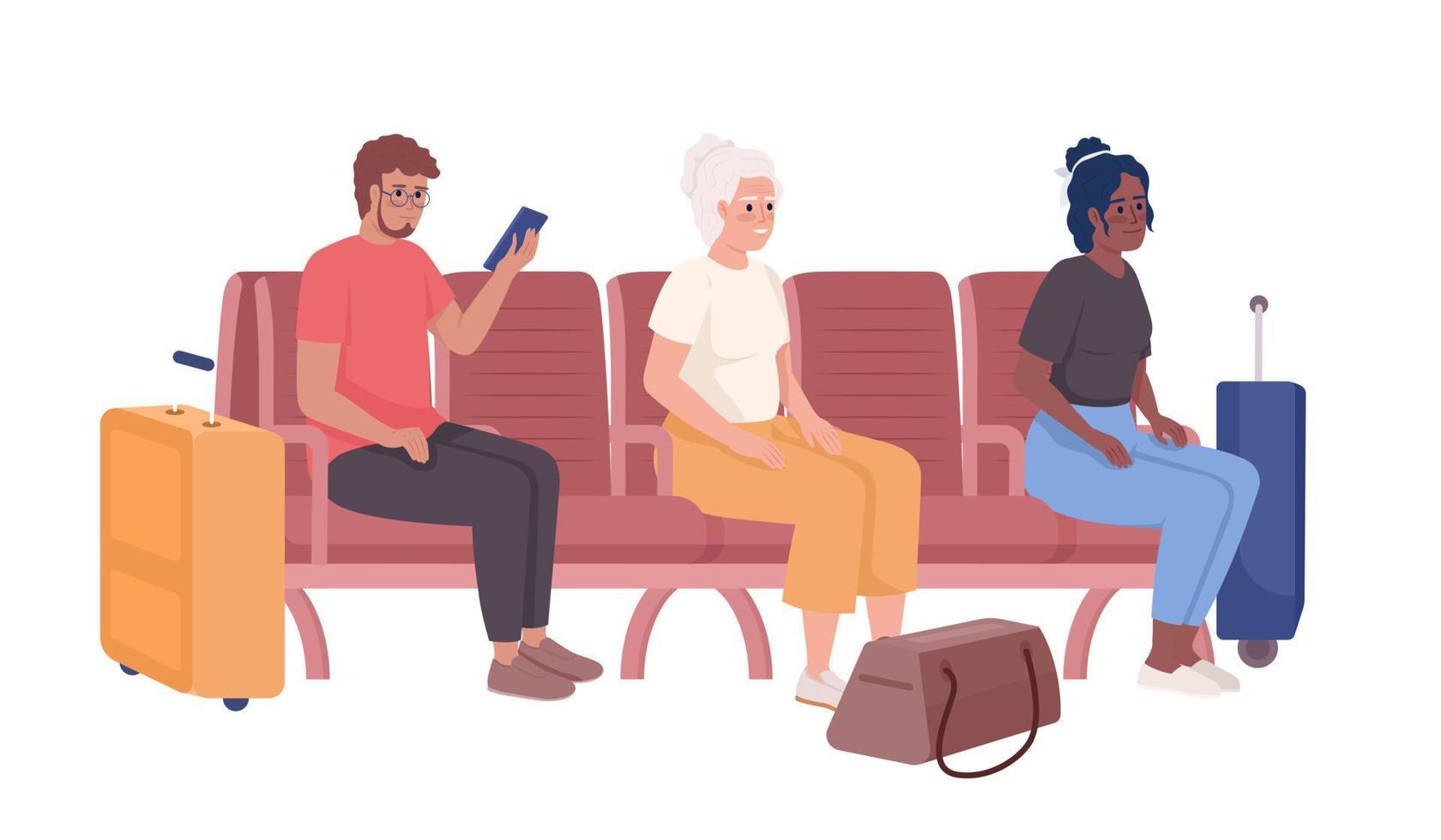 Passengers waiting for train and bus in waiting room semi flat color vector characters. Editable figures. Full body people on white. Simple cartoon style illustration for web graphic design, animation