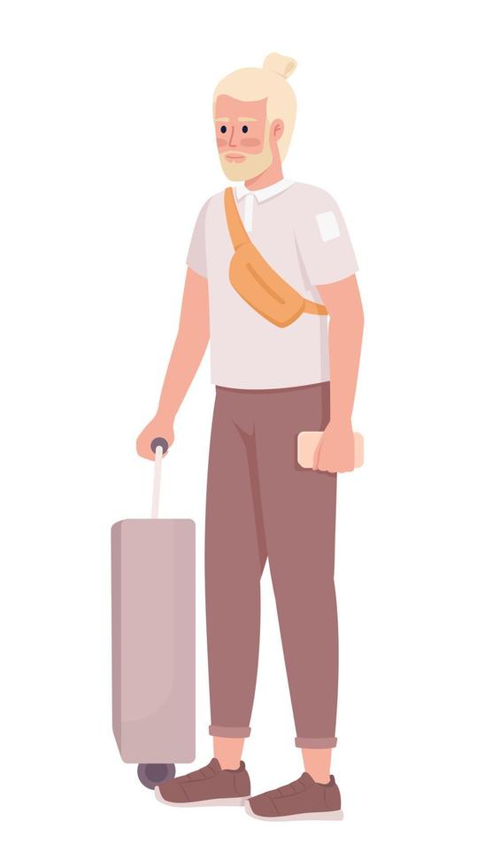 Bearded blond adventurer with phone and baggage semi flat color vector character. Editable figure. Full body person on white. Simple cartoon style illustration for web graphic design and animation