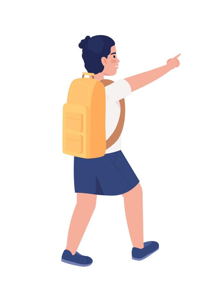 School boy with backpack pointing with finger semi flat color vector character. Editable figure. Full body person on white. Simple cartoon style illustration for web graphic design and animation