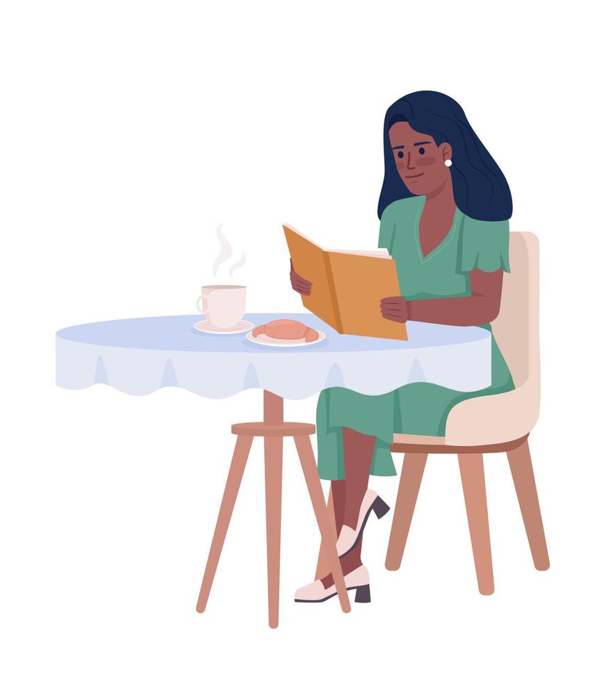 mujer bonita leyendo un libro y bebiendo café solo carácter vectorial de color semiplano. figura editable. persona de cuerpo completo en blanco. ilustración de estilo de dibujos animados simple para diseño gráfico web y animación vector