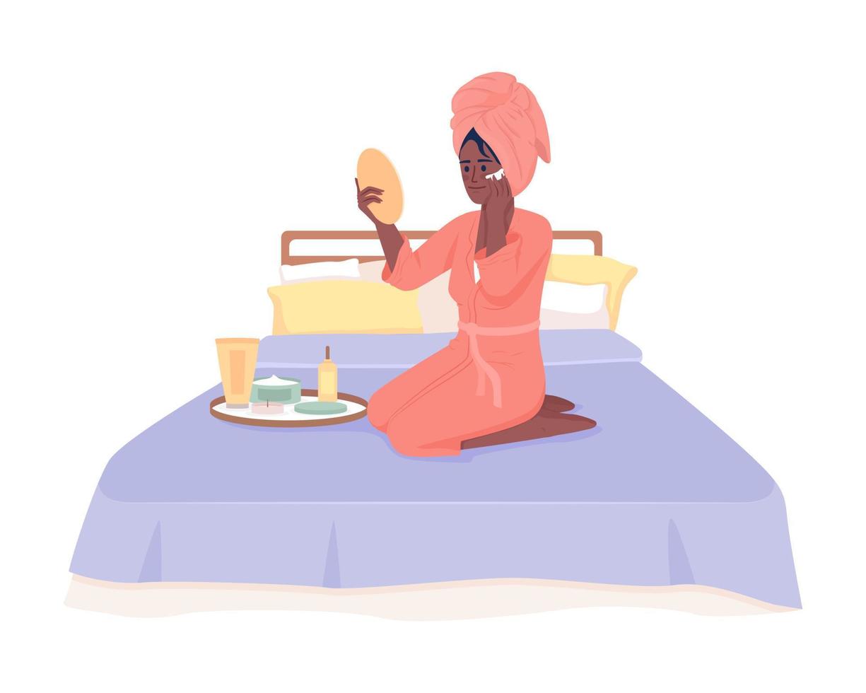 mujer joven disfrutando de un día de spa en casa carácter vectorial de color semiplano. figura editable. persona de cuerpo completo en blanco. ilustración de estilo de dibujos animados simple para diseño gráfico web y animación vector