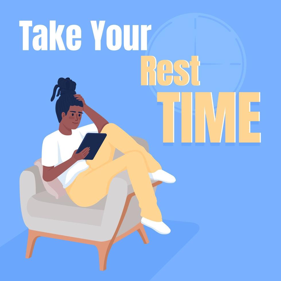 Take best time to rest card template. Online chatting with friends. Reading e book. Editable social media post design. Flat vector color illustration for poster, web banner, ecard