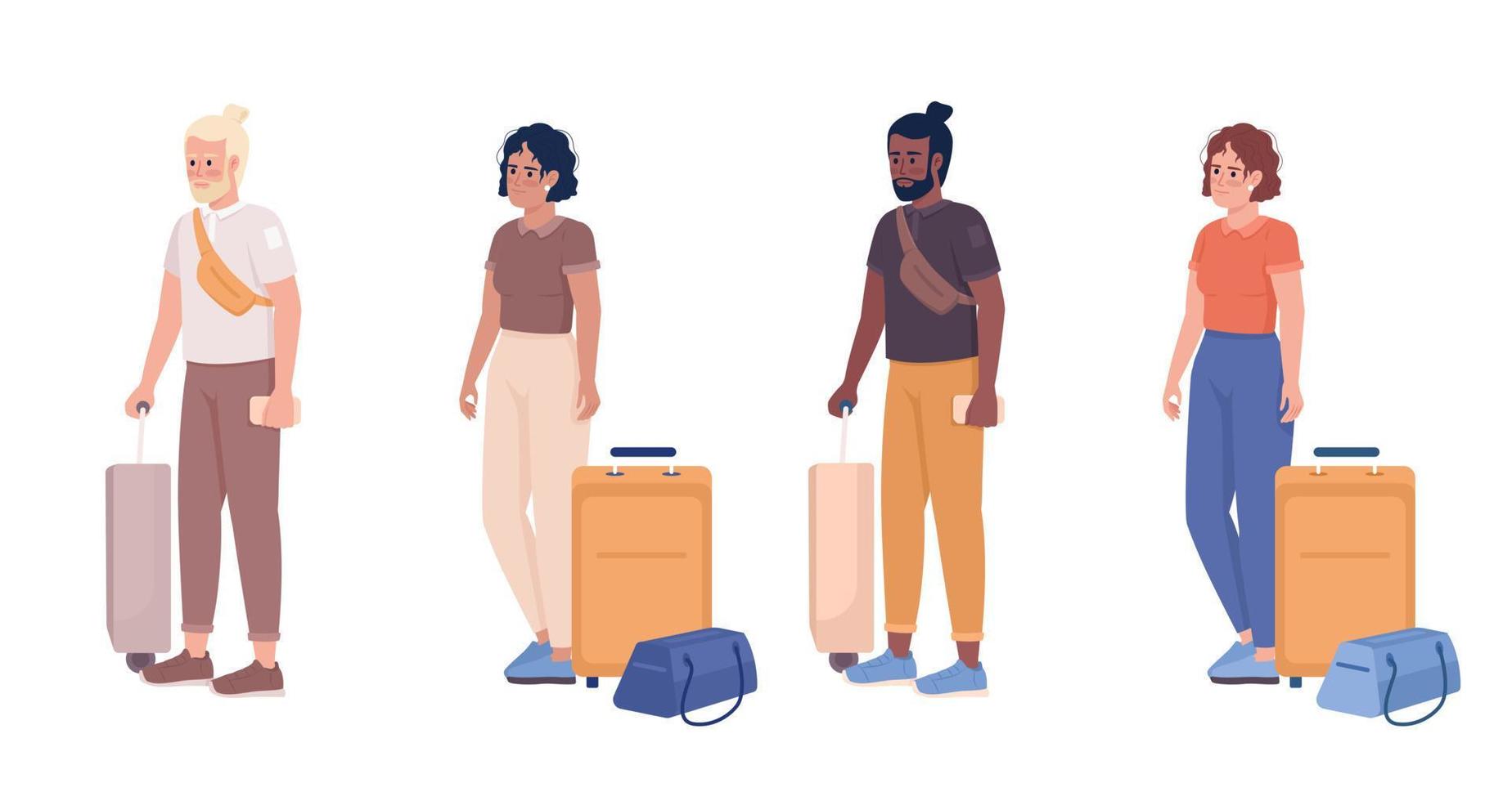 Passengers with bags waiting in line for boarding semi flat color vector characters set. Editable full body people on white. Simple cartoon style illustration pack for web graphic design and animation