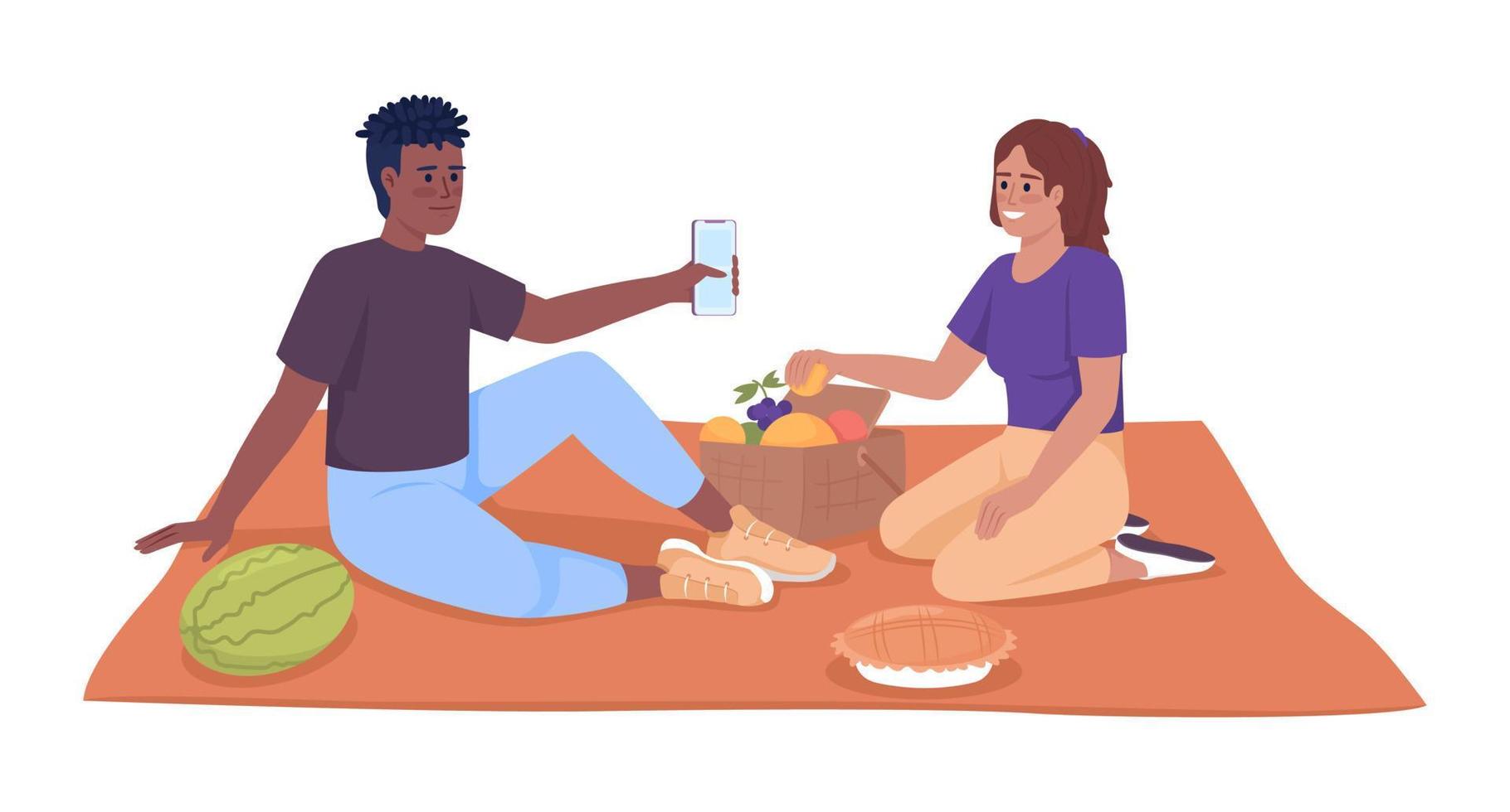 adolescentes disfrutando de un picnic en una manta de caracteres vectoriales de color semiplano. figuras editables. personas de cuerpo completo en blanco. ilustración de estilo de dibujos animados simple para diseño gráfico web y animación vector