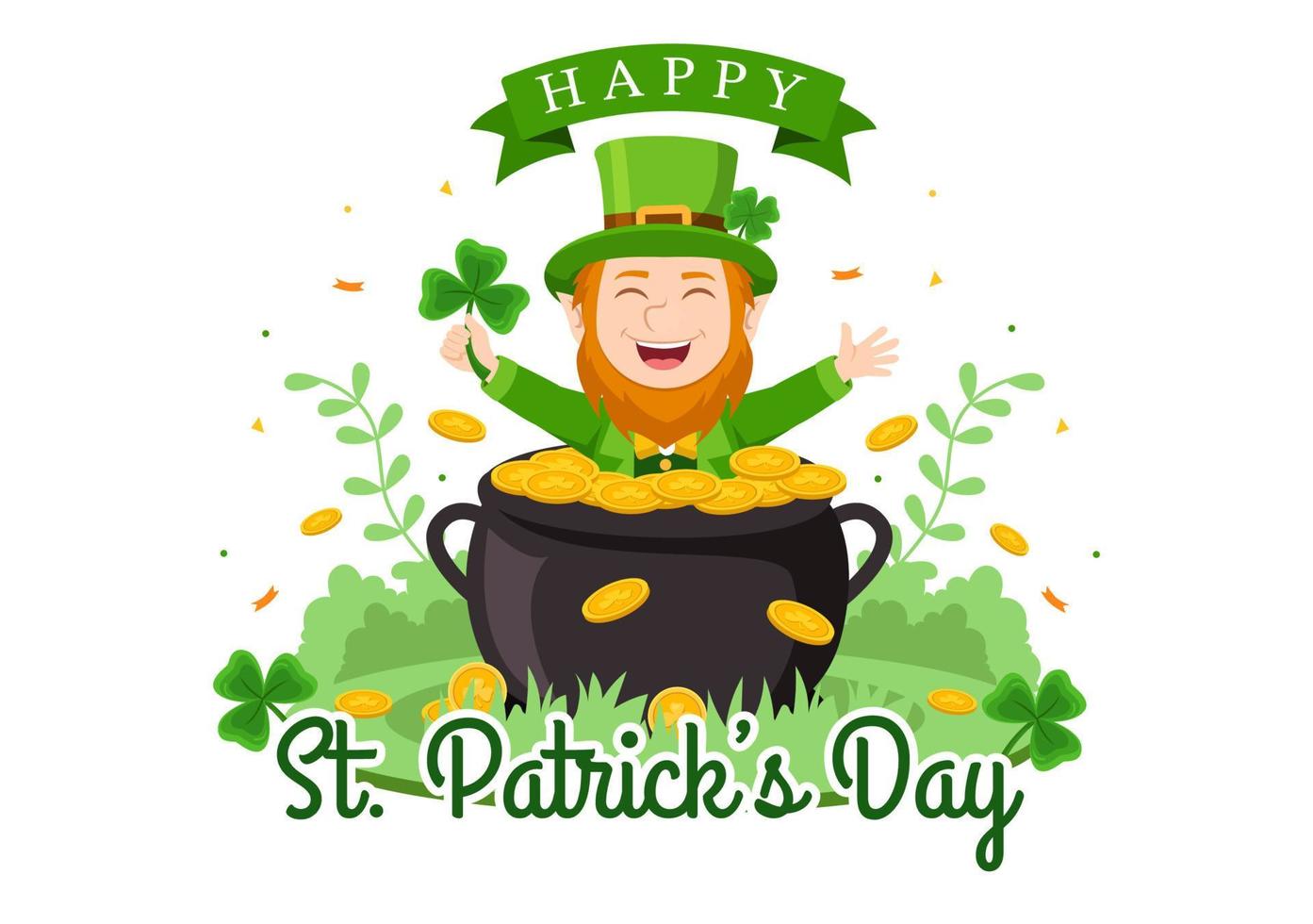 feliz día de san patricio ilustración con niños, monedas de oro, sombrero verde, duendes y trébol en dibujos animados planos dibujados a mano para plantillas de página de destino vector