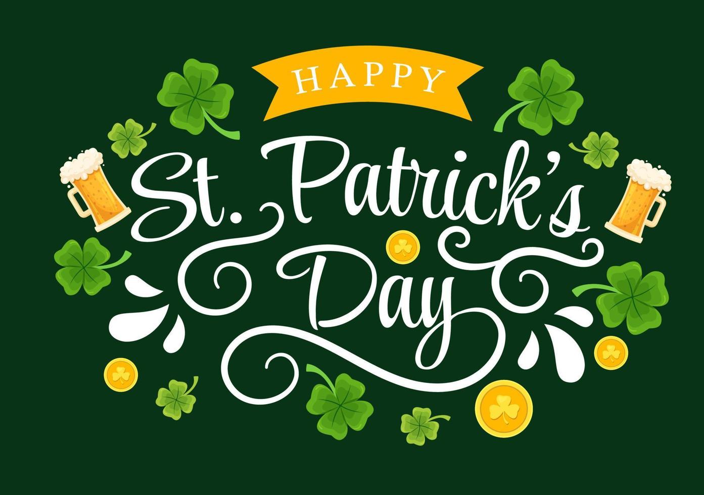 Happy St Patricks Day Illustration with Golden Coins, Green Hat, Beer Pub and Shamrock for Landing Page in Flat Cartoon Hand Drawn Templates vector