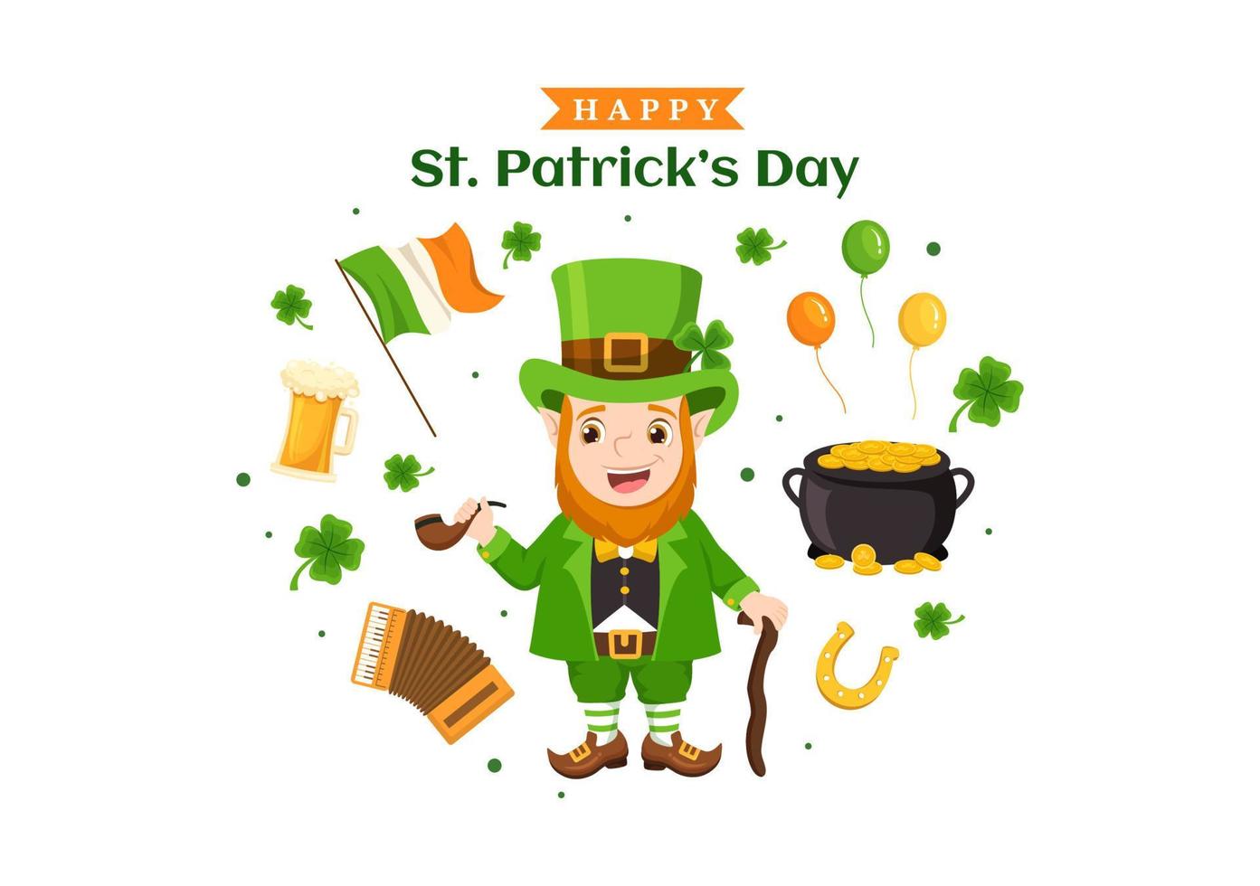 feliz día de san patricio ilustración con niños, monedas de oro, sombrero verde, duendes y trébol en dibujos animados planos dibujados a mano para plantillas de página de destino vector