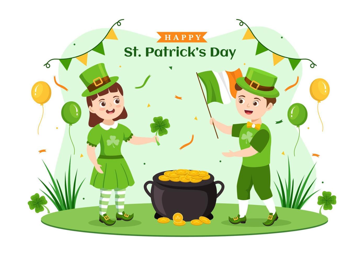 Happy St Patricks Day Illustration with Kids, Golden Coins, Green Hat, Leprechauns and Shamrock in Flat Cartoon Hand Drawn for Landing Page Templates vector