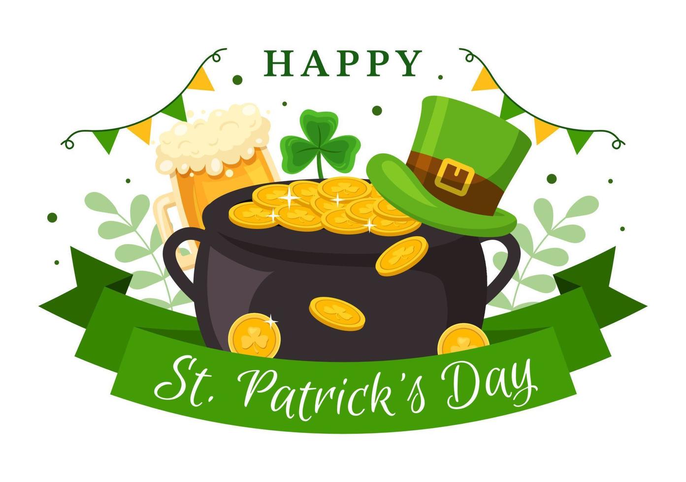 Happy St Patricks Day Illustration with Golden Coins, Green Hat, Beer Pub and Shamrock for Landing Page in Flat Cartoon Hand Drawn Templates vector