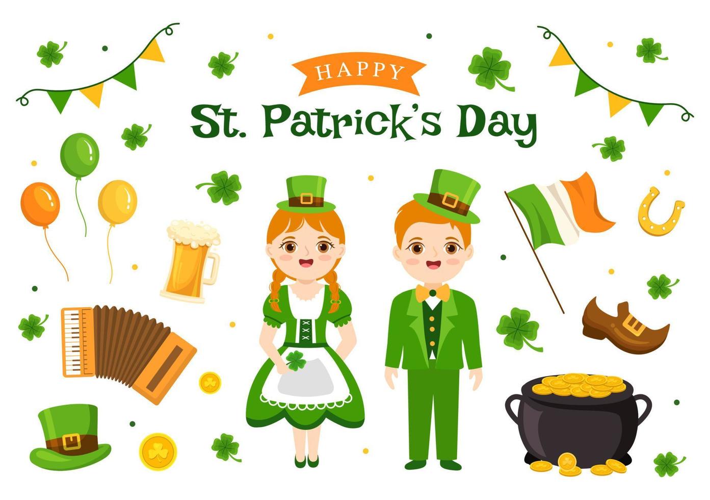 Happy St Patricks Day Illustration with Kids, Golden Coins, Green Hat, Leprechauns and Shamrock in Flat Cartoon Hand Drawn for Landing Page Templates vector