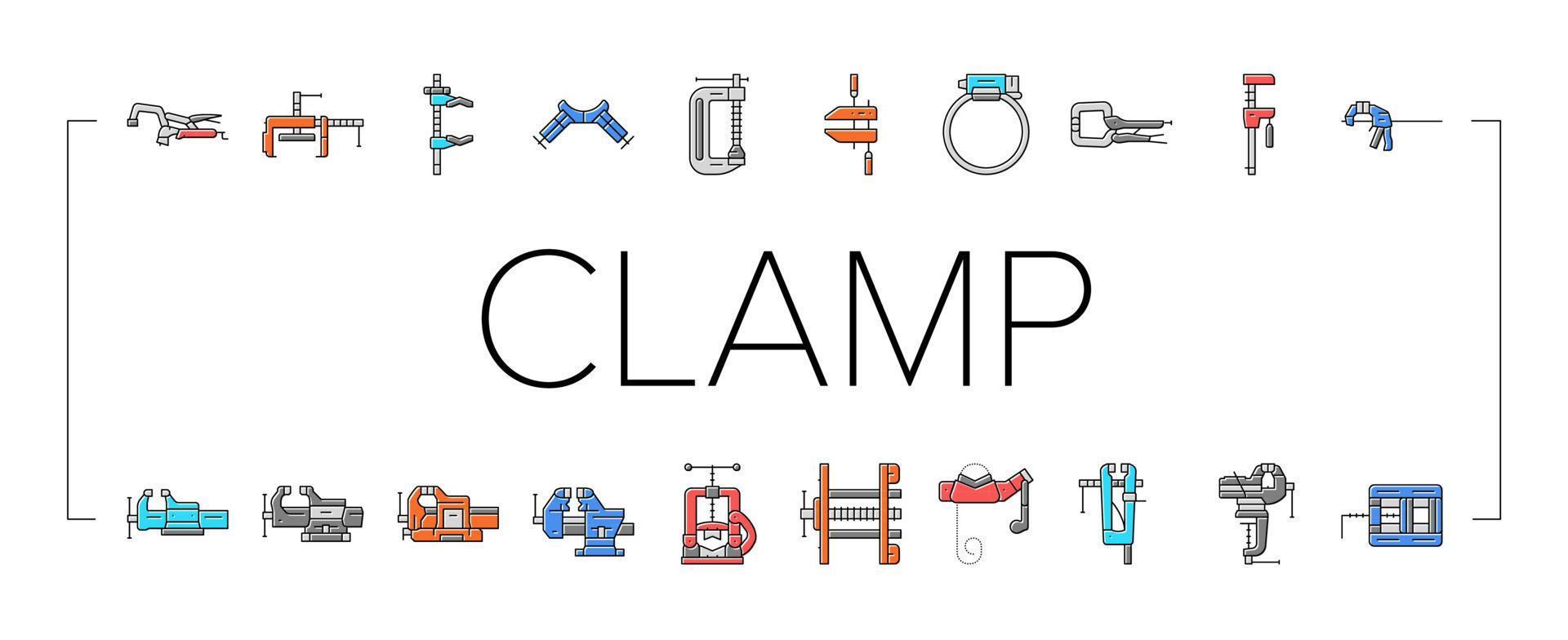 clamp vice grip tool metal icons set vector