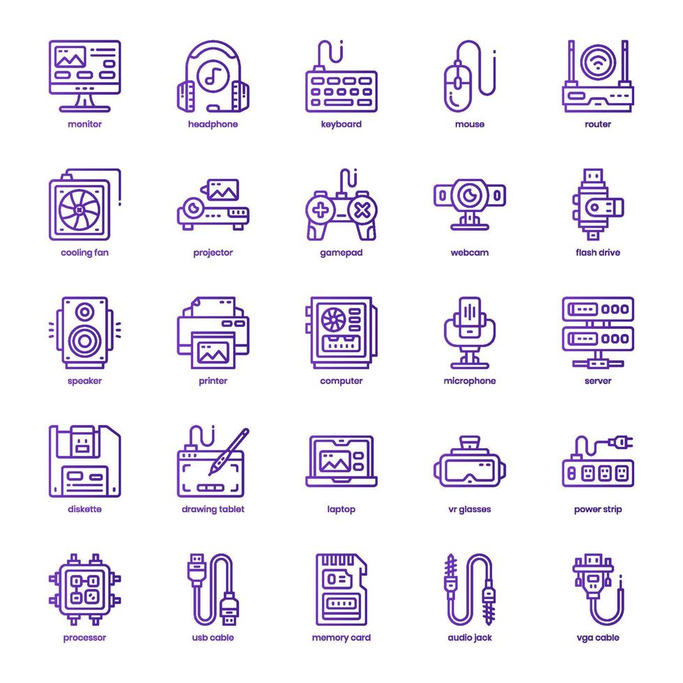 Computer and Hardware icon pack for your website design, logo, app, and user interface. Computer and Hardware icon basic line gradient design. Vector graphics illustration and editable stroke.